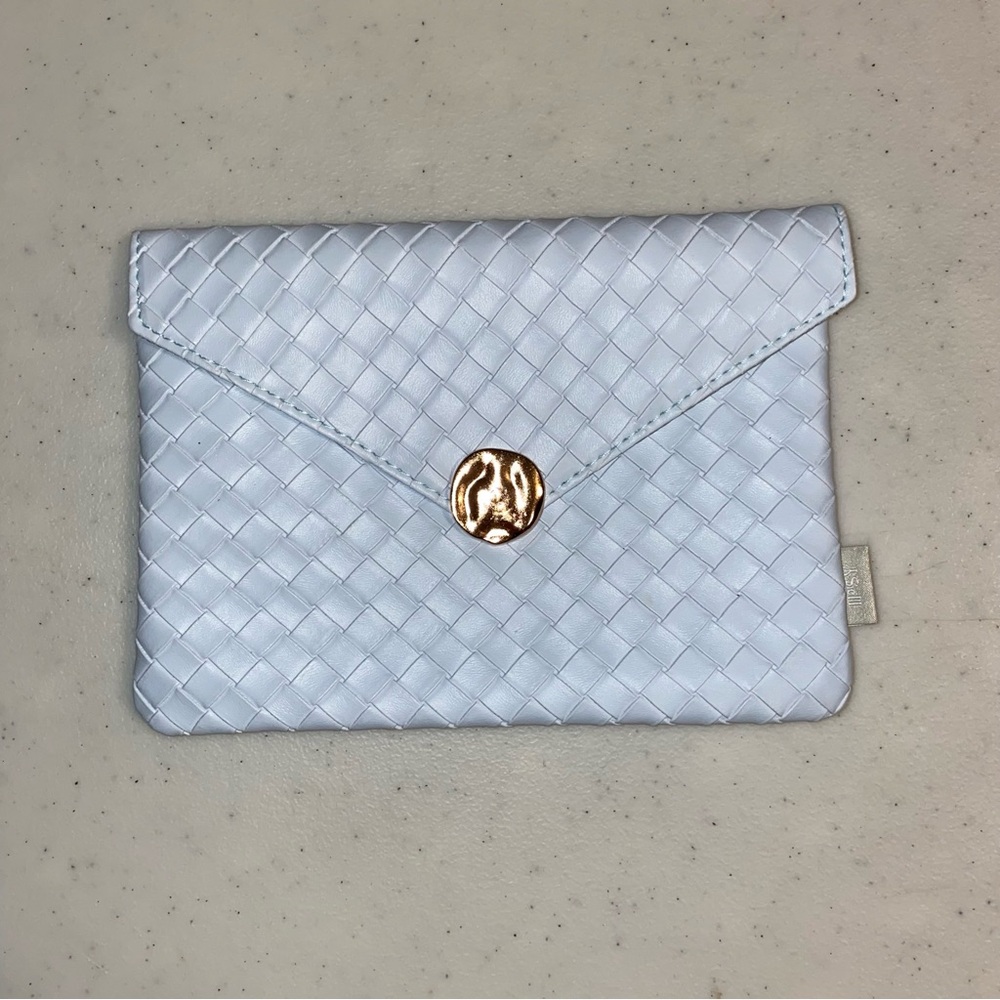 Ipsy Cosmetics Bag Light Blue Woven Envelope with Gold Wax Stamp Closure